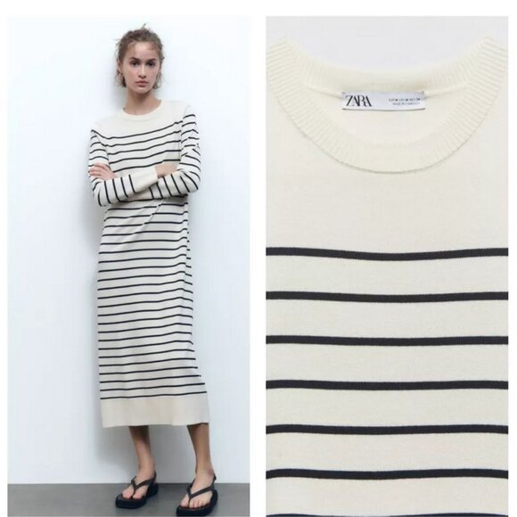 Zara Ecru Striped Midi Sweater Dress, NWT, S - Picture 1 of 12
